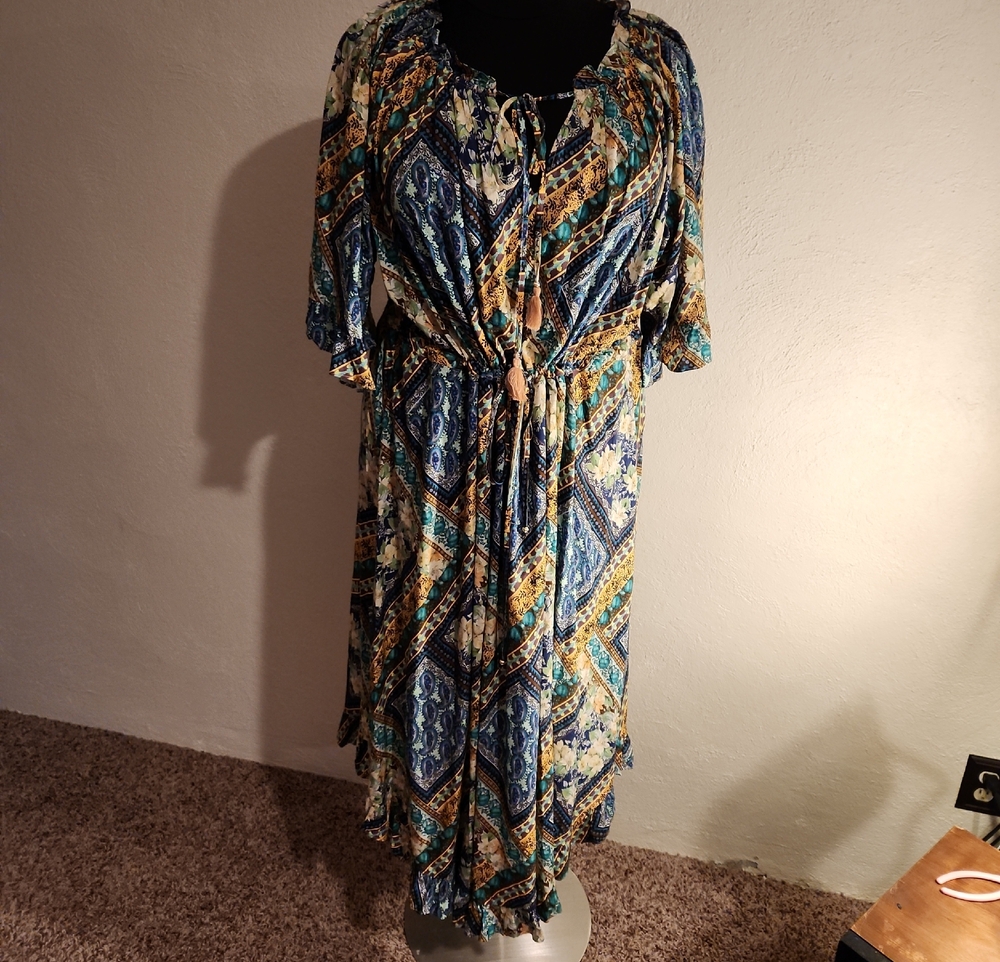 Johnny Was Printed Blue & Teal Tie-Waist Maxi Dress 3X NWT